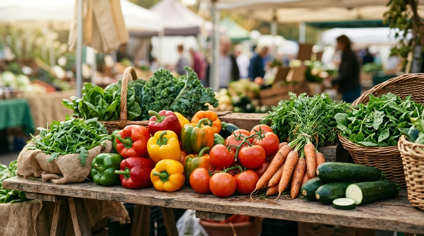 Fresh produce display with colorful bell peppers, tomatoes, carrots, cucumbers, and leafy greens at KA Fresh shop in Abu Dhabi