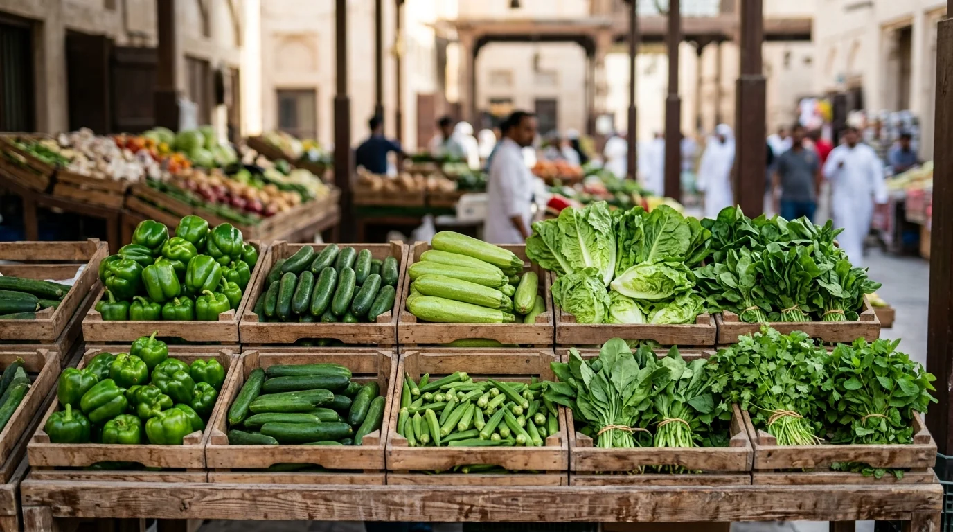 Step 1: Daily Sourcing - fresh green vegetables in wooden crates